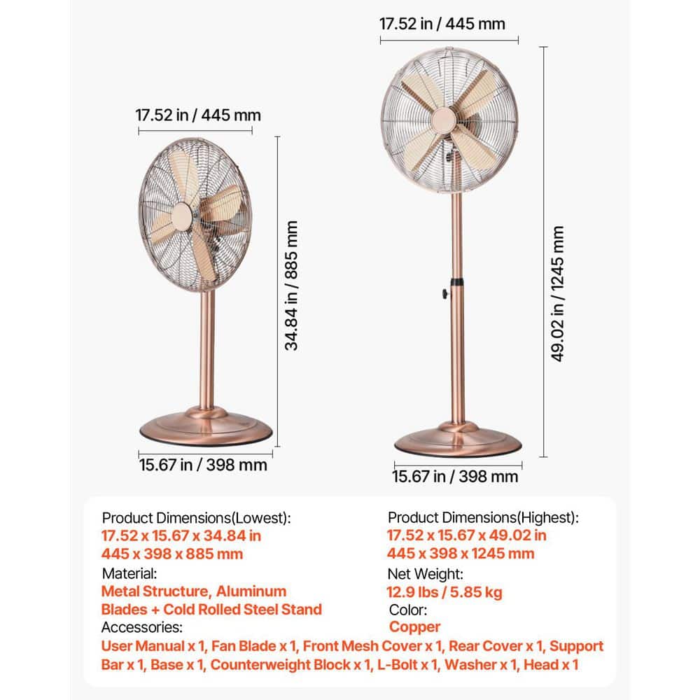 Amucolo 16 in. Adjustable Height 3-Speed Industrial Pedestal Fan Oscillating Fan Floor Fan in Copper Gold (2)