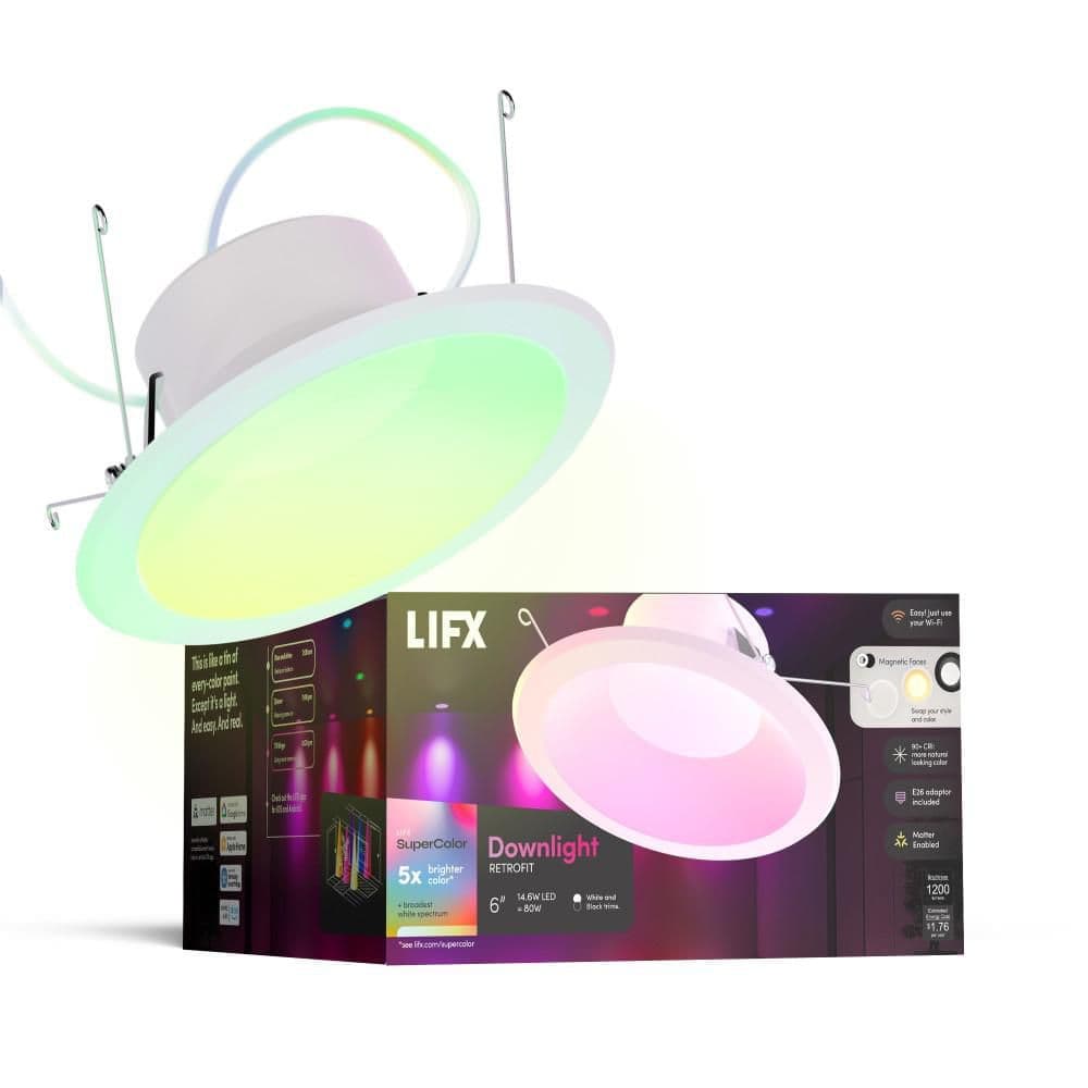 LIFX 1-pack 6 in. SuperColor Adjustable Smart Retrofit Deep Baffle Recessed Light Trim Kit Downlight (2)