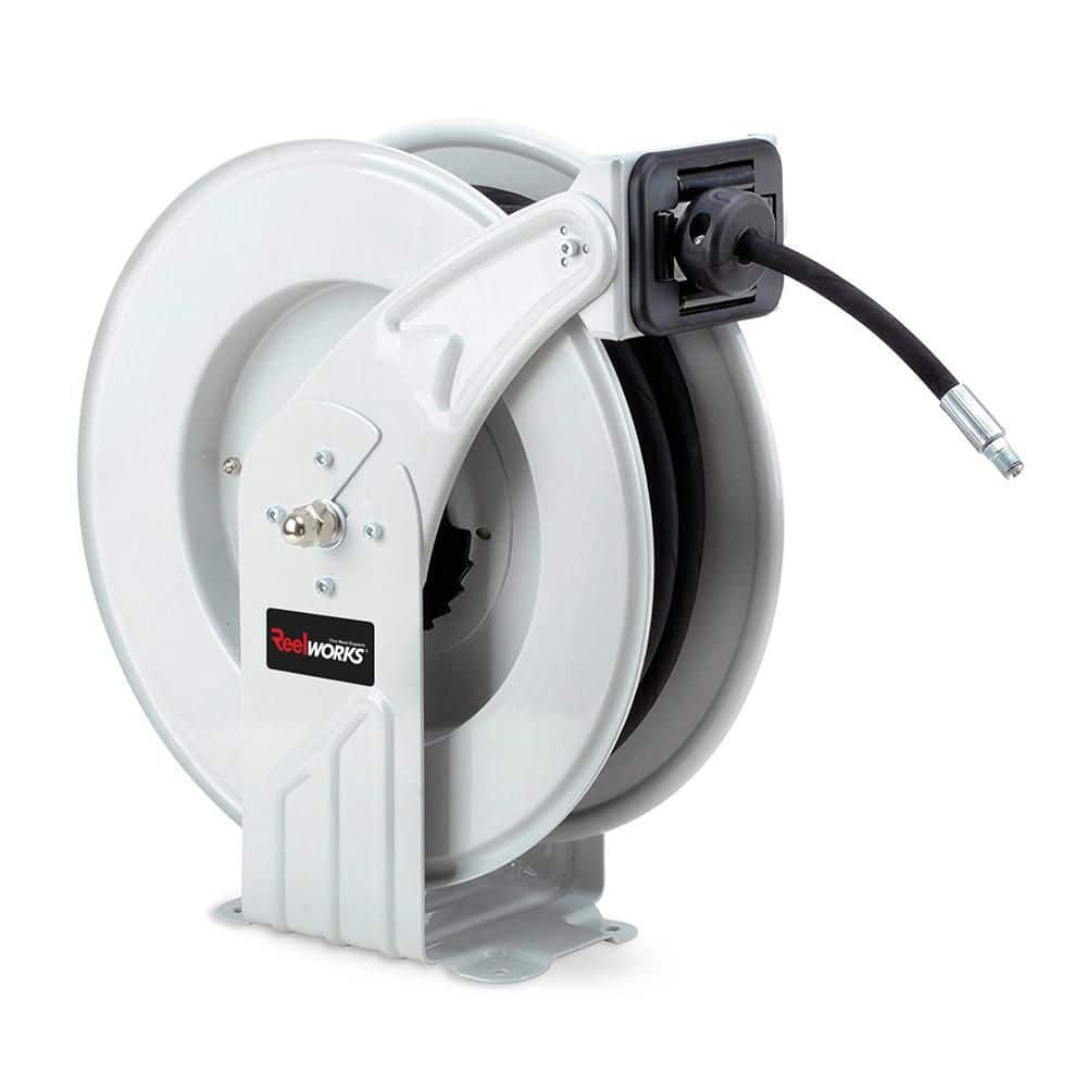 REELWORKS Elite 1/4 in. x 50 ft. Steel Dual Arm Pedestal Grease Hose Reel SAE 100R2AT