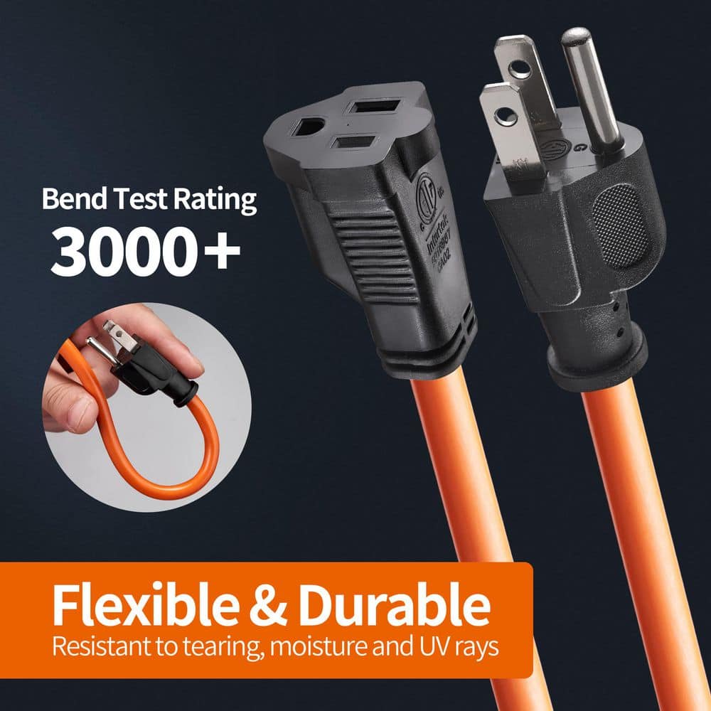 BIBIVIS Premium 50 ft. 16/3 Indoor/Outdoor Extension Cord with Tri-Tap, Dual Lighted End, Weatherproof PVC Jacket, Orange (2)