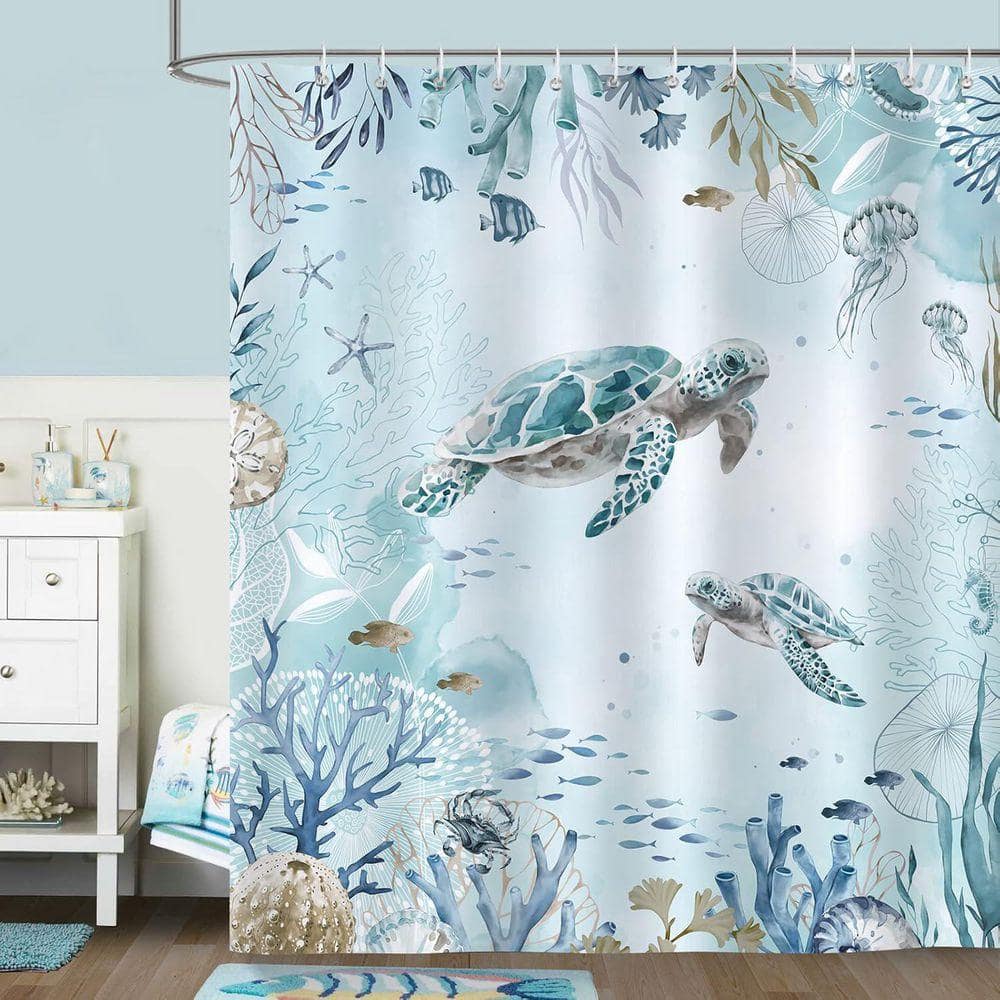 JFVKAF Sea Turtle Shower Curtain 72 x 72 in. Bathroom Curtain Teal Blue Ocean Coastal Waterproof with Hooks Polyester (3)