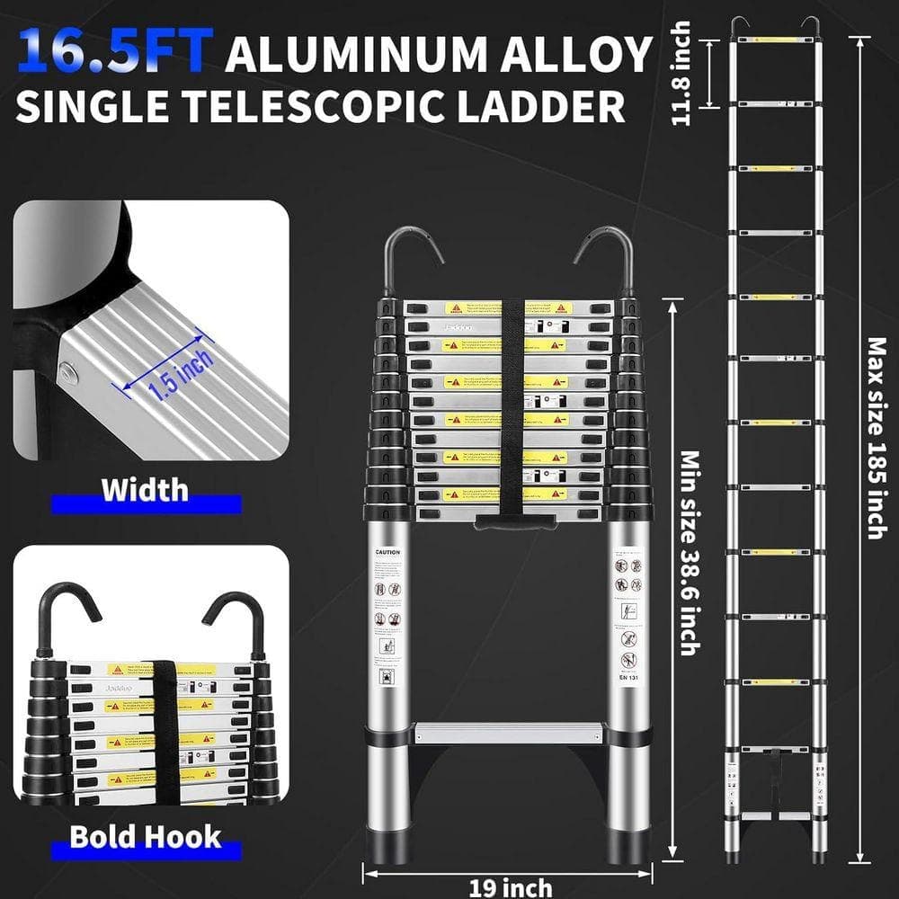 KIWDZFU Telescopic Ladder Reach 16.5 ft. Aluminium Silver Non-Slip Feet Stable Hook Portable Extension Ladder 330 lbs. Capacity (3)