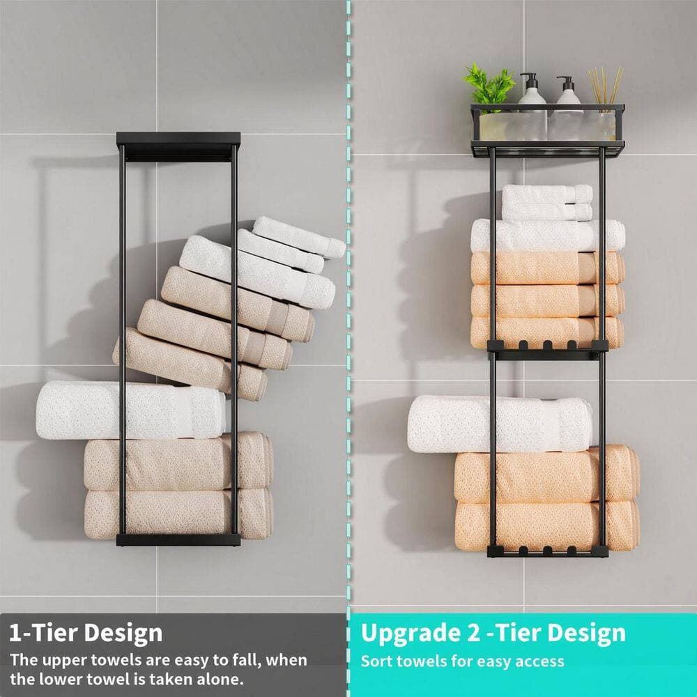 Anqtovp Towel Rack 3 Tier Towel Holder in Black Over the Door and Wall Mounted Bath Accessory with Metal Shelf and 6 Hooks (3)