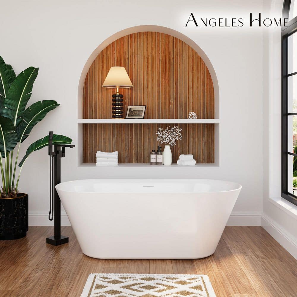 Angeles Home 66 in. x 29.5 in. Acrylic Flatbottom Freestanding Soaking Bathtub with Center Drain and Overflow in White