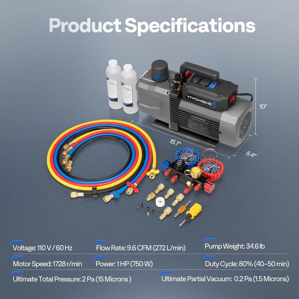 VIVOHOME 1 HP 9.6 CFM 2-Stage A2L HVAC Vacuum Pump and 4-Way Manifold Gauge Set with Sparkless Motor (2)