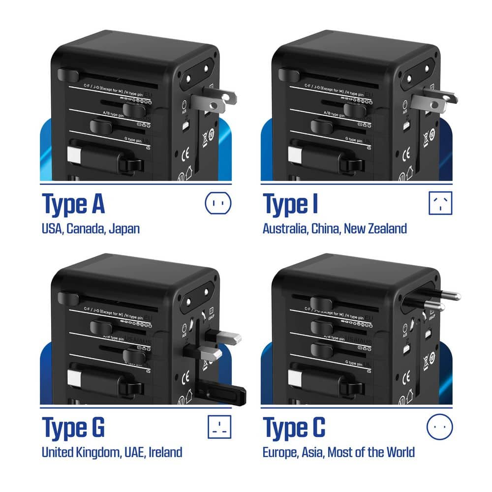 Tzumi Extend, 2 ft., 4-Outlet Compatible, USB-A port, 2 USB-C Ports Universal Travel Adapter (4)