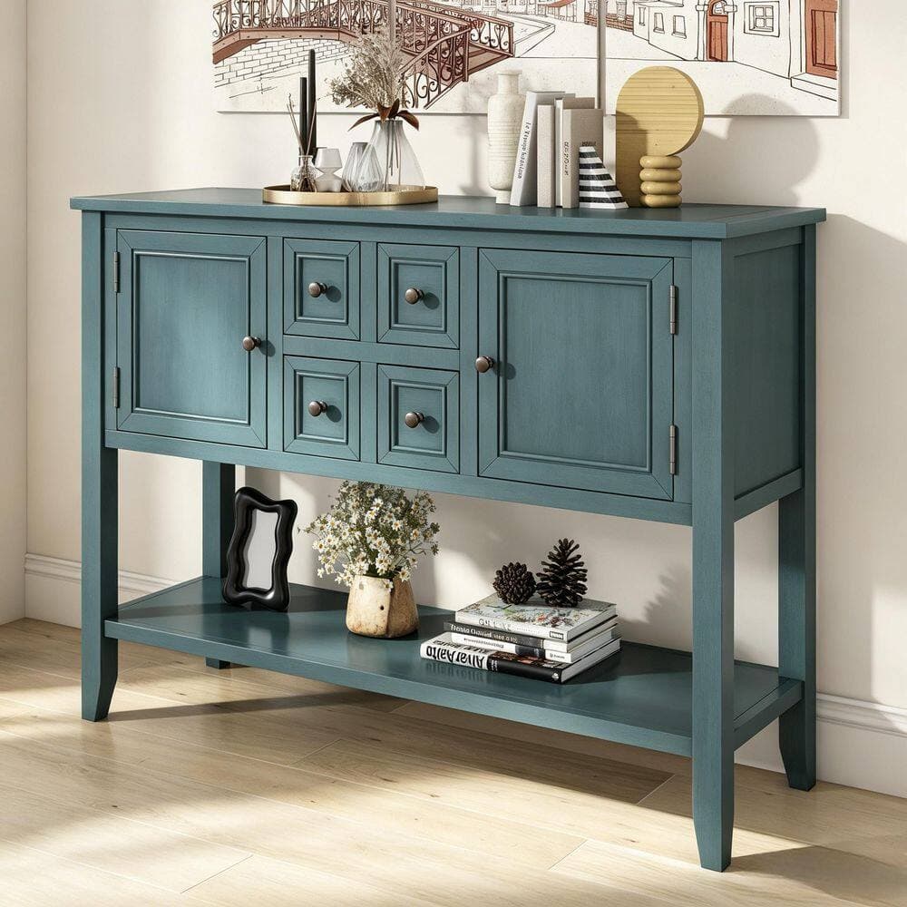 Lycvki 46 in. W x 34 in. H x 15 in. D Dark Blue Wood Rectangular Storage Console Table with Shelf and Drawers for Living Rooms (2)