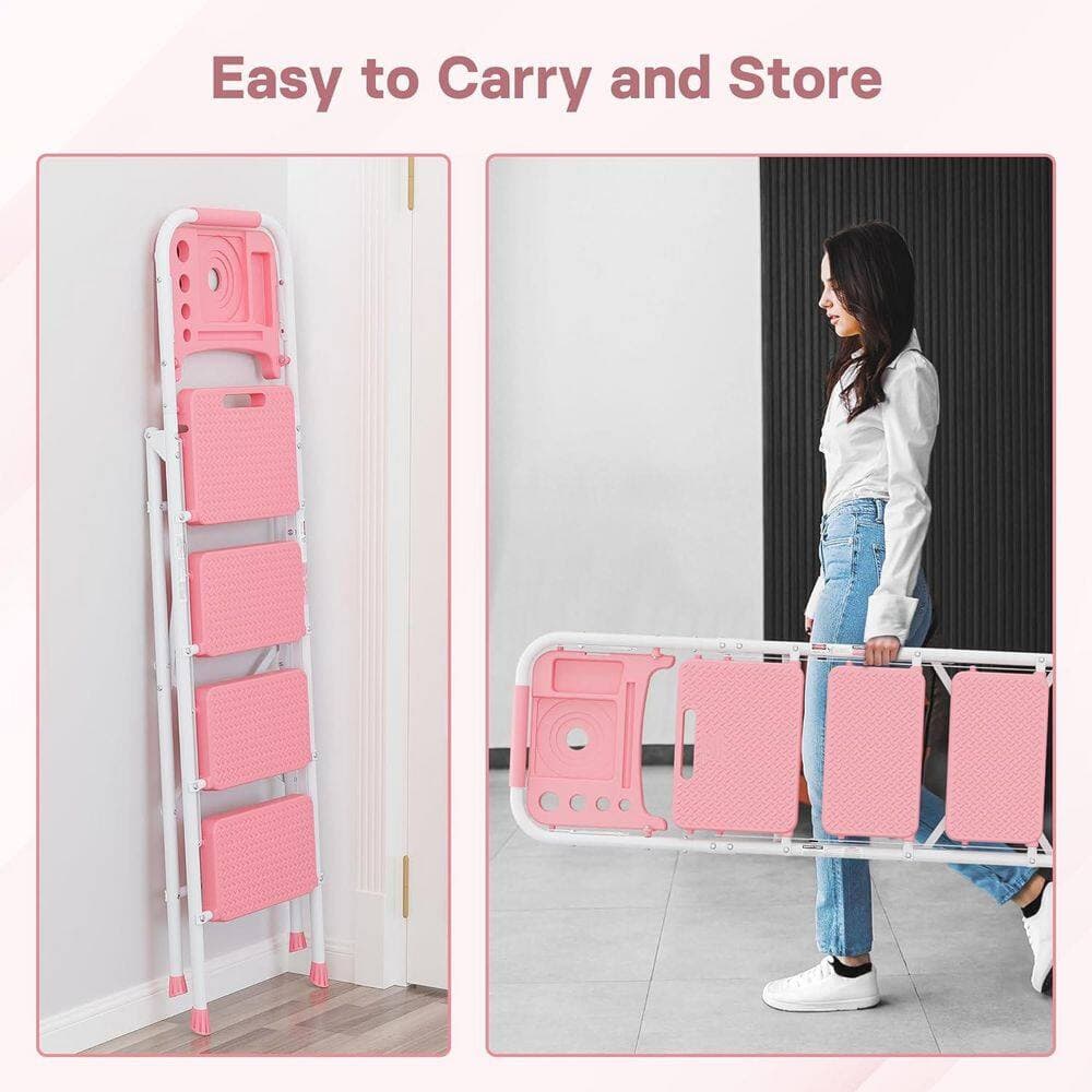 Unbranded 4-Step Folding Stool with Tool Platform, Wide Anti-Slip Pedals, 400 lbs. Capacity, Sturdy Steel, Pink (3)