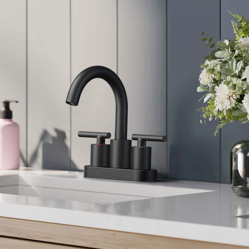 androme 4 in. Center set Double Handle Gooseneck High-Arc Bathroom Faucet with Drain Kit in Matte Black (3)
