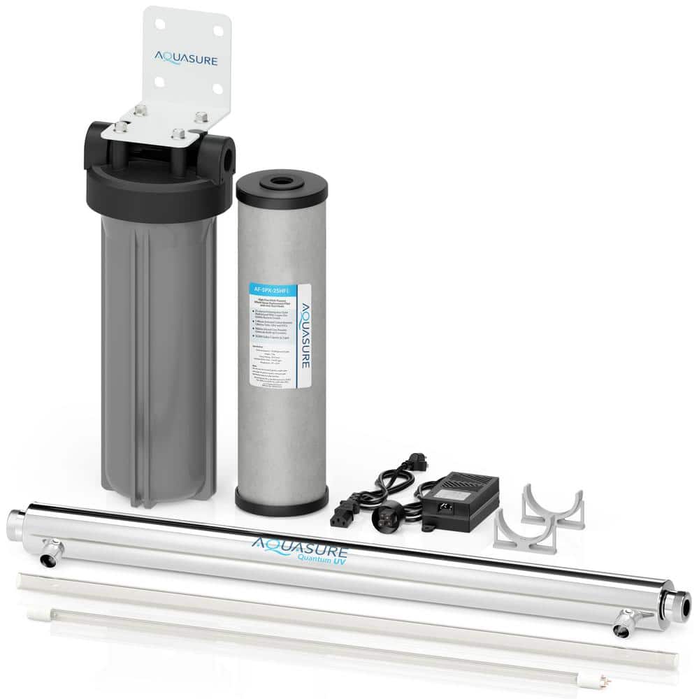 AQUASURE Quantum Series Whole House UV Water Filtration System with Triple Purpose and Siliphos Water Filter - 12GPM Chrome (1)