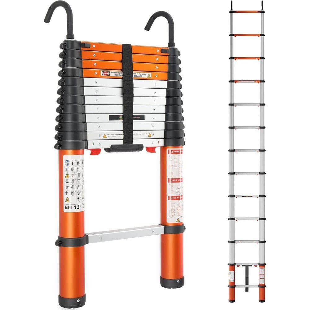 KIWDZFU 12.5 ft. Aluminum Telescoping Extension Ladder with 1-Button Retraction and 330 lb. Capacity Safe and Portable Design
