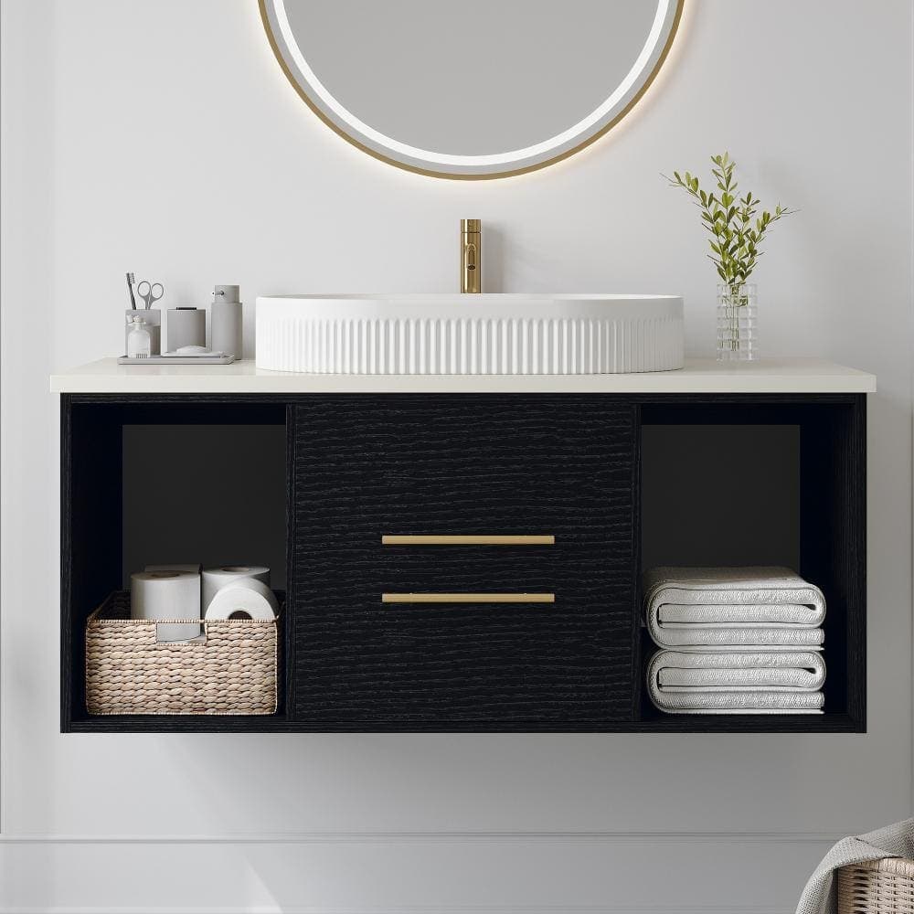 Flynama 39.4in Floating Bathroom Vanity with Oval Sink, Wood Cabinet & Open Shelf (1)
