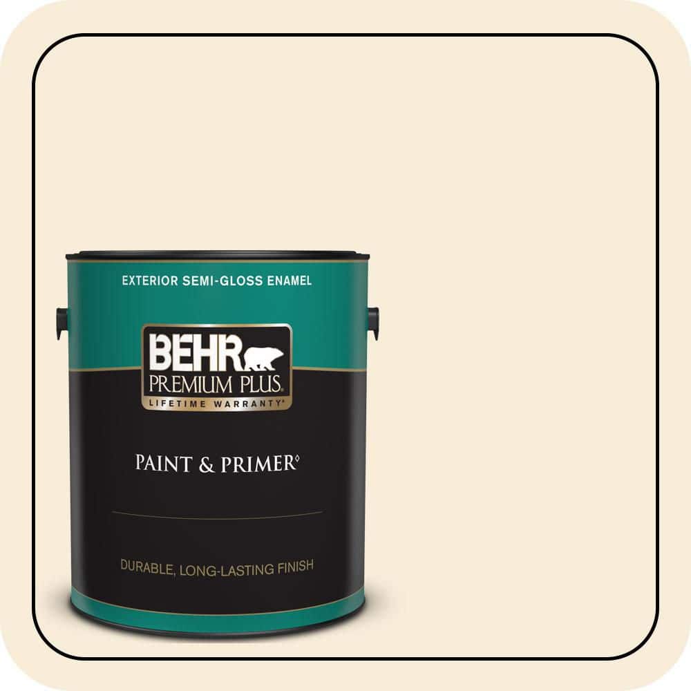 BEHR PREMIUM PLUS 1 gal. #70 Linen White Semi-Gloss Enamel Exterior Paint & Primer