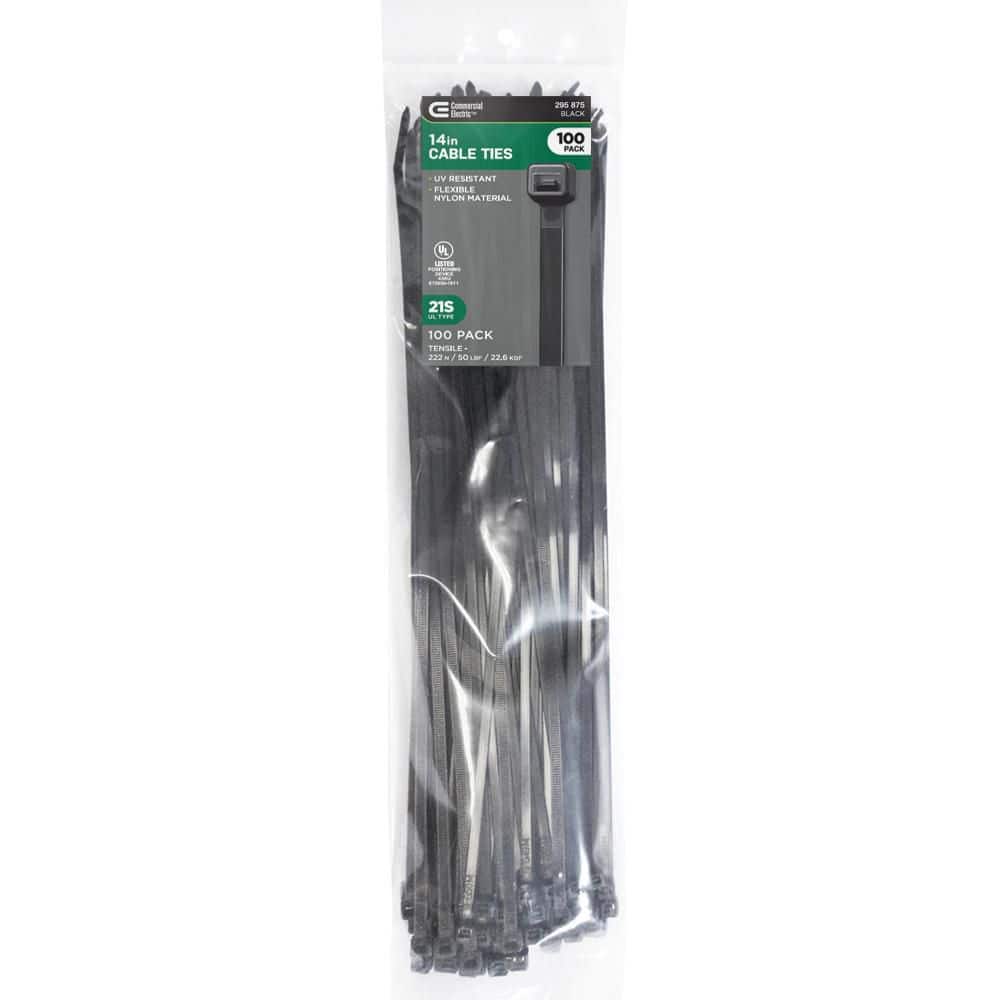 Commercial Electric 14in Standard 50lb Tensile Strength UL 21S Rated Cable Zip Ties 100 Pack UV (Black)