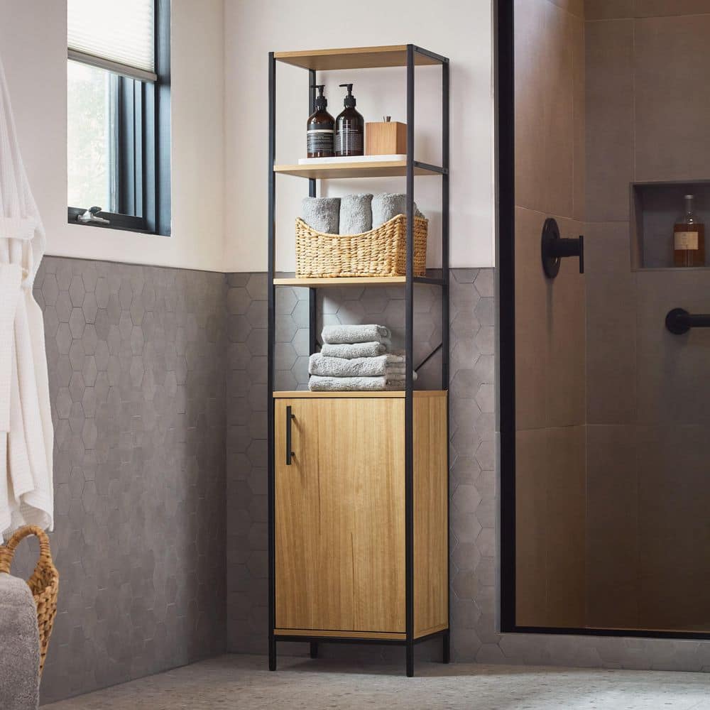 Glacier Bay 15.3 in. W x 11.6 in. D x 62 in. H Mixed Material Natural Oak Freestanding Linen Cabinet (1)