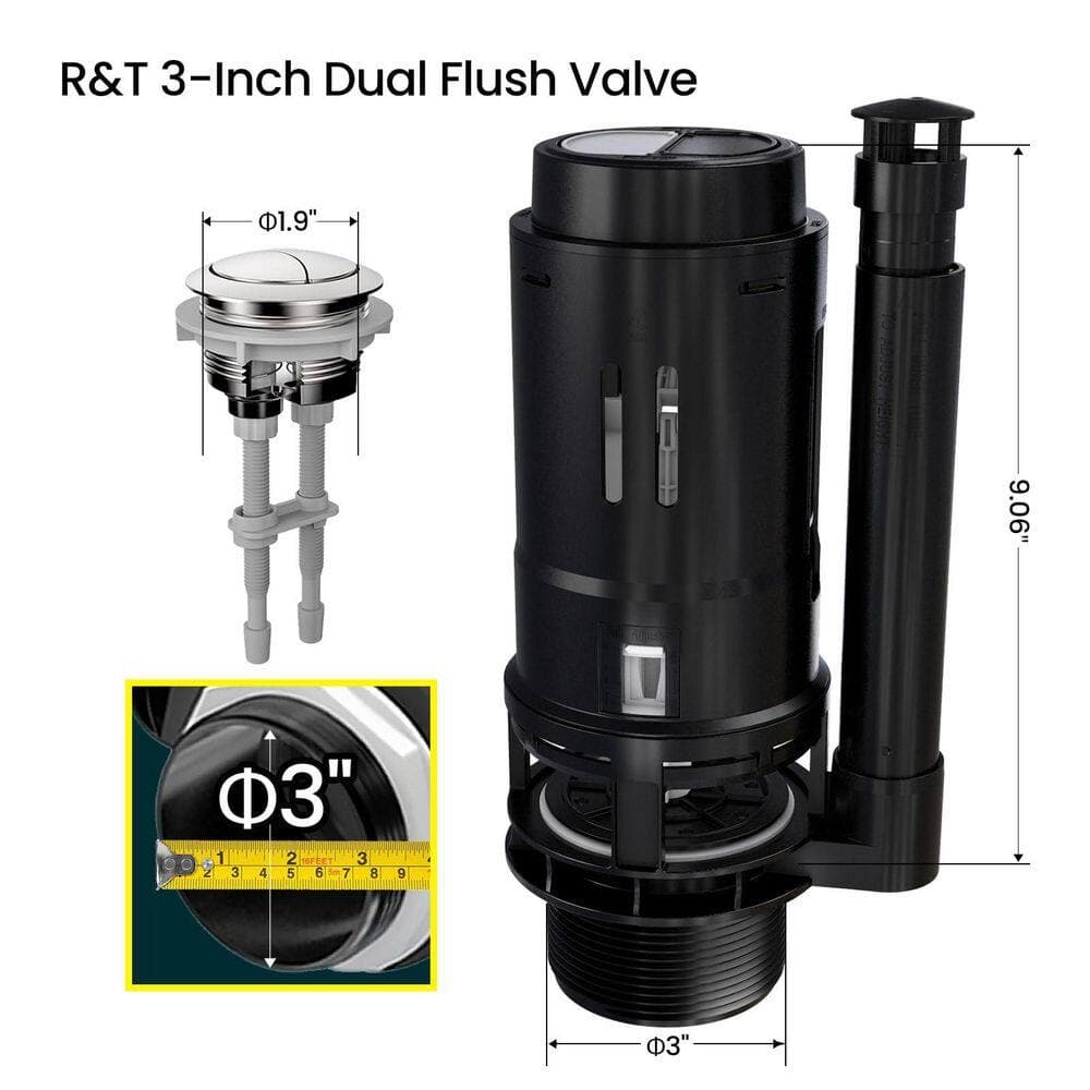 Wudkey 2-Piece Black Dual Flush Valve Repair Kit with Top Push Button and Adjustable Components in Chrome Finish (2)