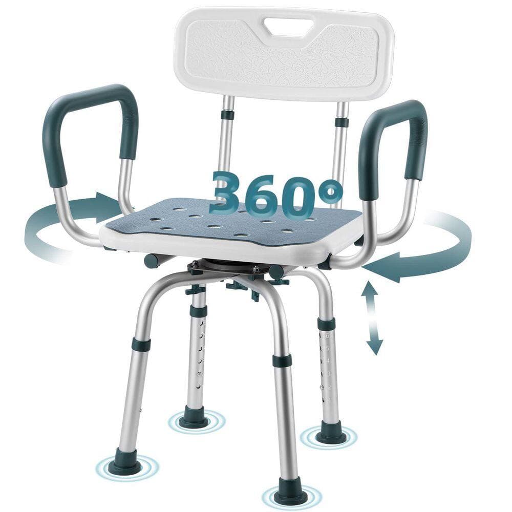 Wudkey 400 lb. Aluminum Swivel Shower Chair in White Blue with Arms, Back and Adjustable Height, Shower Seat for Elderly (2)