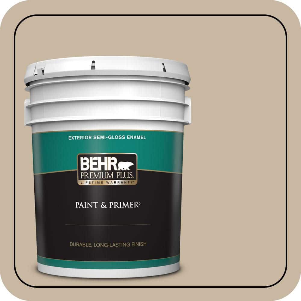 BEHR PREMIUM PLUS 5 gal. #QE-28 Ranch Tan Semi-Gloss Enamel Exterior Paint & Primer