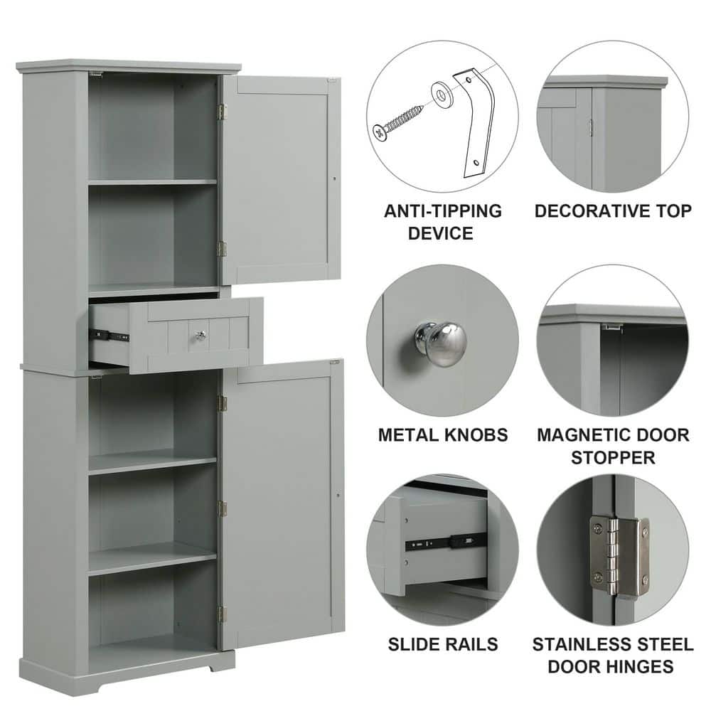 RKZHOPT 22 in. W x 11 in. D x 67.7 in. H Gray Freestanding Linen Cabinet with Adjustable Shelf (3)
