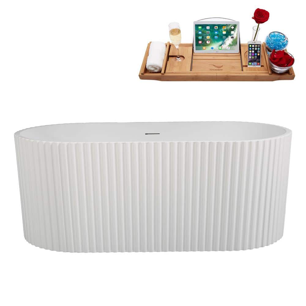 Streamline 59 in. 30 in. Acrylic Freestanding Soaking Bathtub Matte White With Brushed Brass Drain, Bamboo Tray (1)