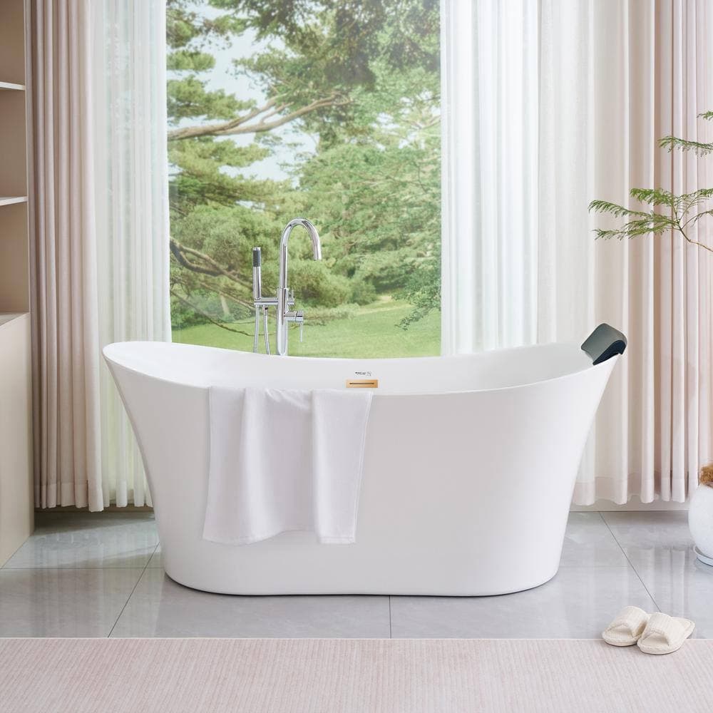 Vanity Art Calais 67 in. x 30.7 in. Acrylic Flatbottom Freestanding Soaking Bathtub with Center Drain in White/Titanium Gold (3)