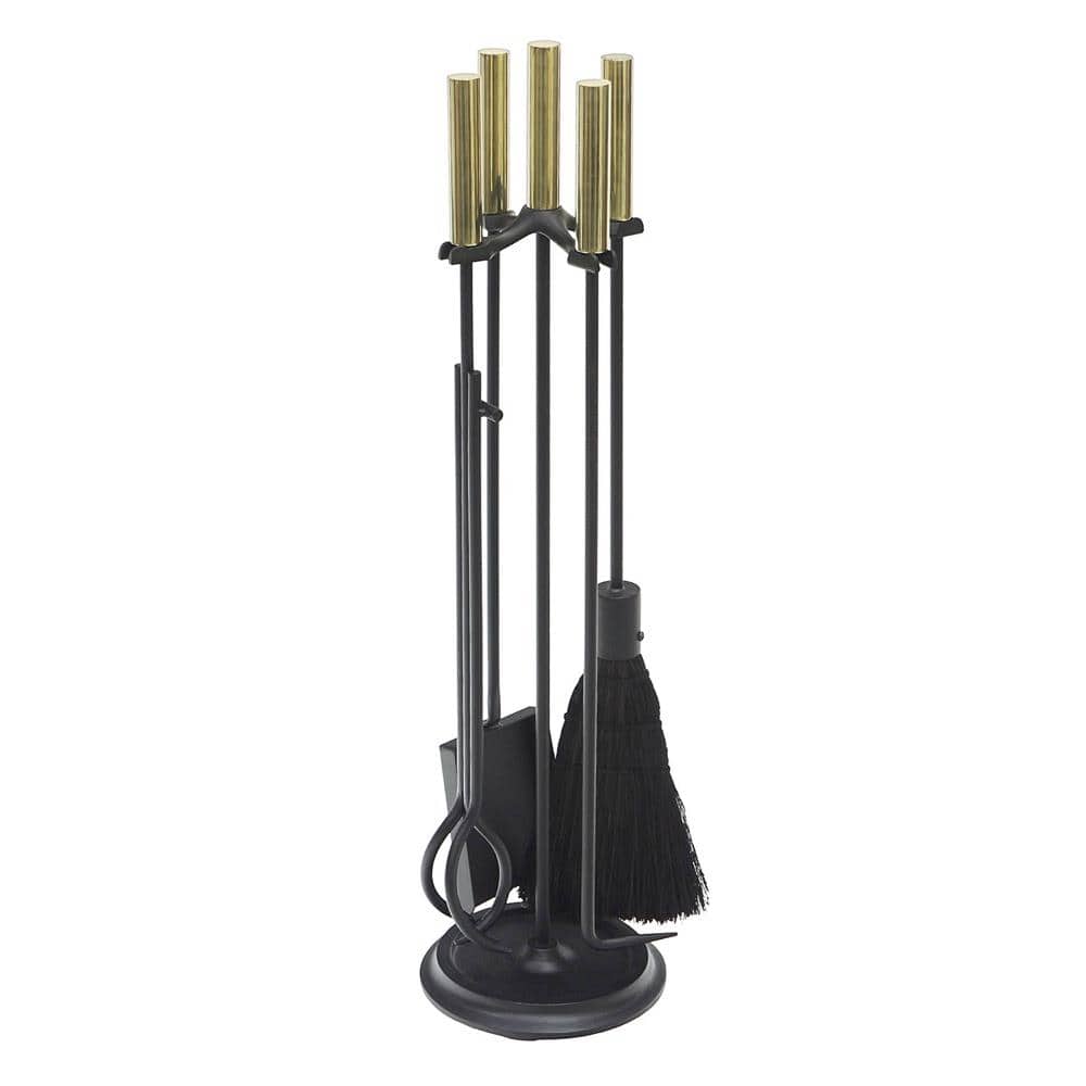ACHLA DESIGNS 30.25 in. Tall 5-Piece Black and Polished Brass Contemporary Bedford Fireplace Tool Set (1)