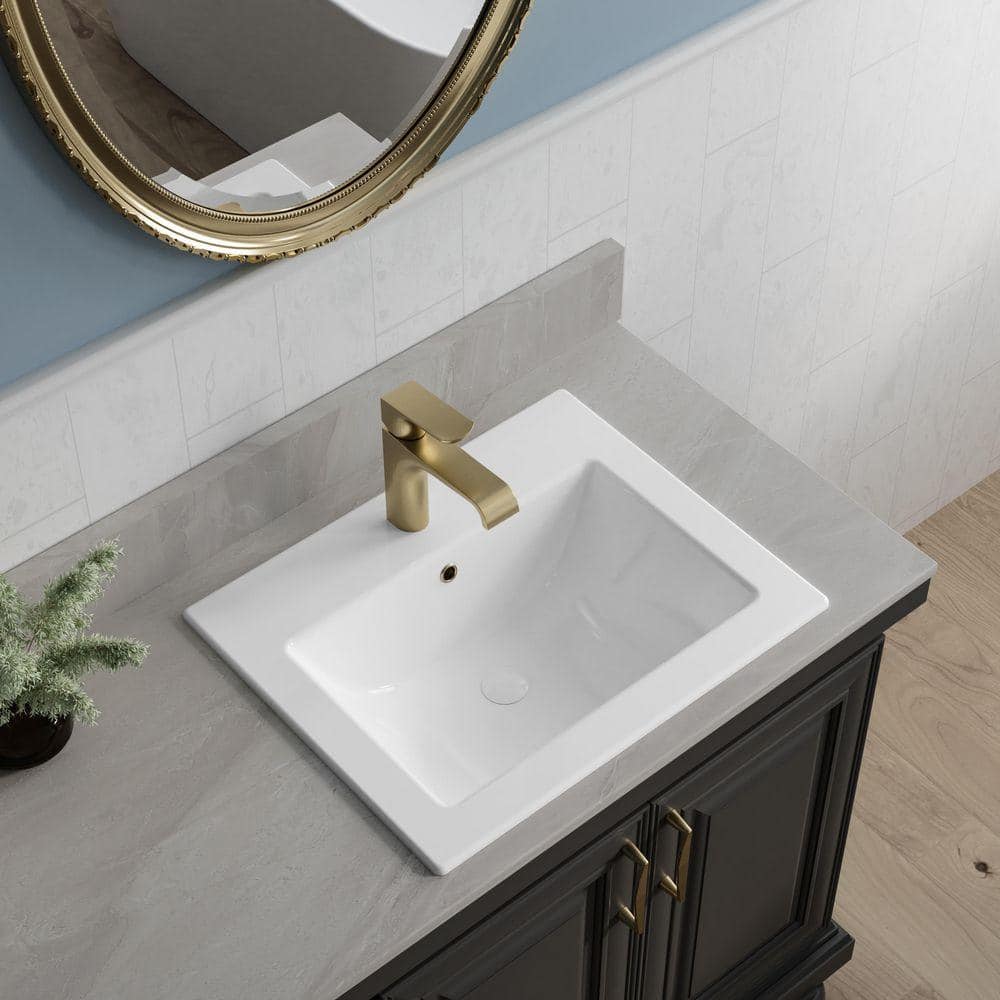 UNIKE Plainfield 21-5/8 in. Rectangular Drop-in Ceramic Bathroom Sink in White with Overflow and Single Faucet Hole (2)