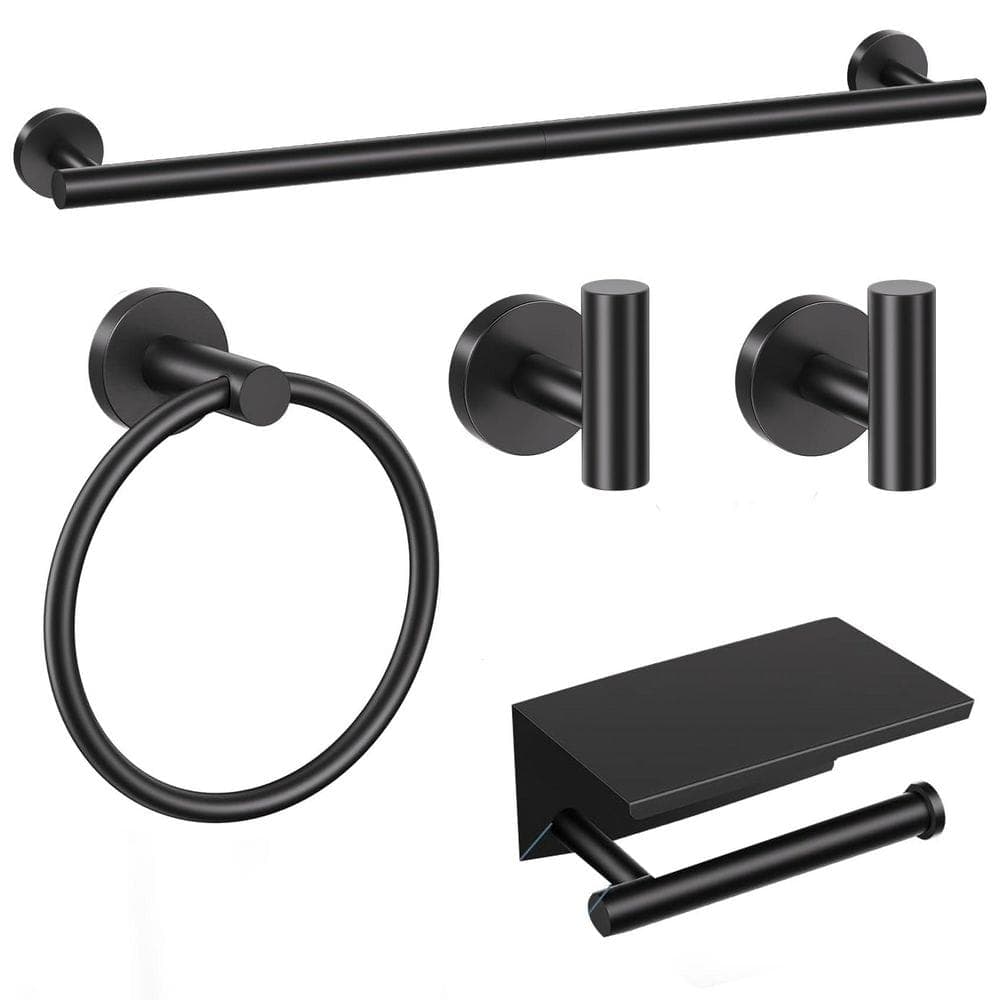 LAIFUCAM 5-Piece Bathroom Hardware Set with Towel Bar, Towel Rack, Toilet Paper Holder with Shelf in Matte Black (1)
