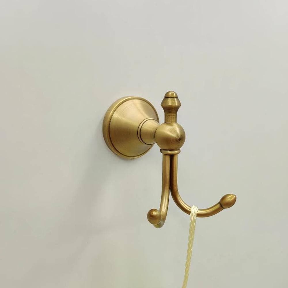 Unbranded Brushed Gold J-Hook Hook Type 2 Pack Antique Brass Solid Brass Double Robe Hook Towel Hook Wall Mounted Drill in Mount (3)