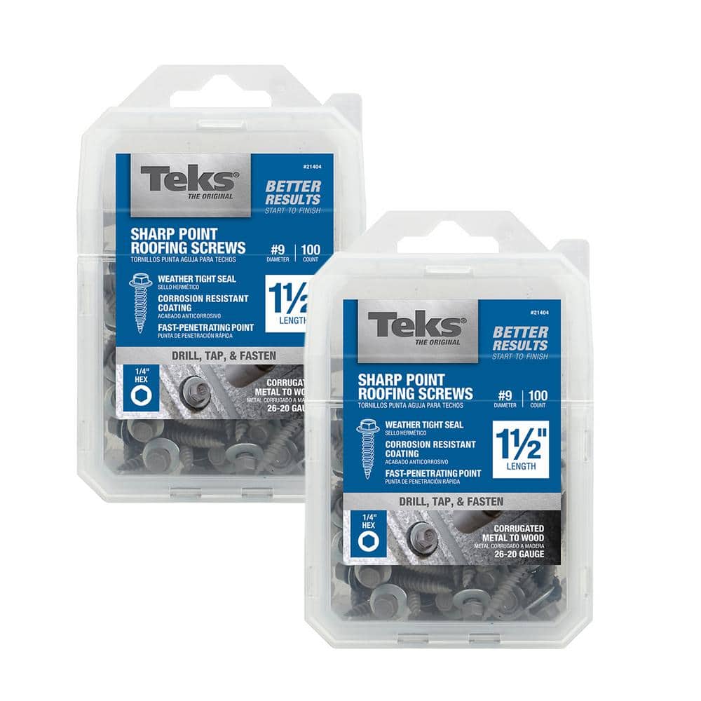 Teks #9 x 1-1/2 in. External Hex Zinc Plated Steel Hex Washer Head Roofing Screws Combo (Pack of 2) (100-Pack)