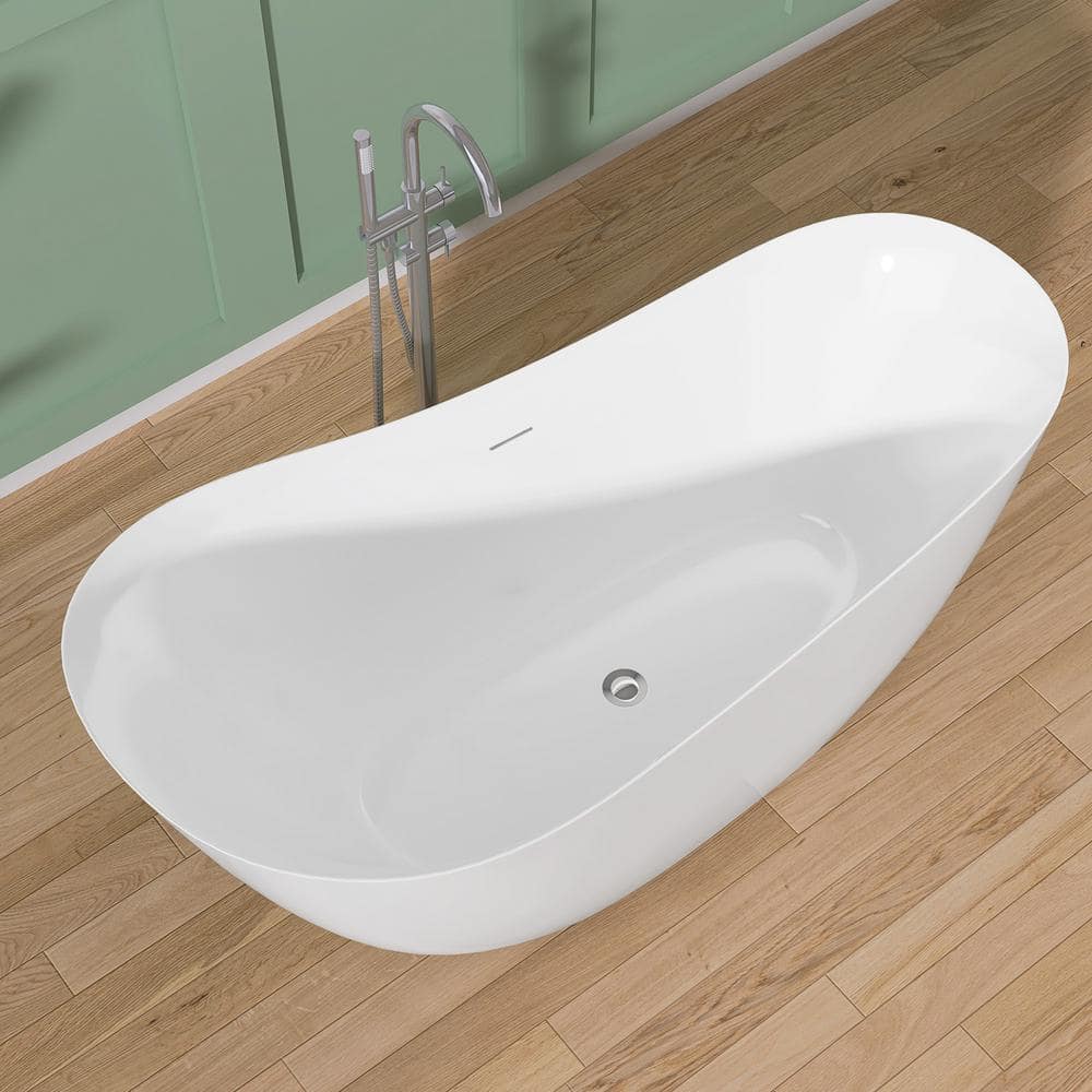 Getpro 65 in. x 29.5 in. Freestanding Acrylic Soaking Bathtub White Free Standing Single Slipper Flatbottom Tub Center Drain (3)