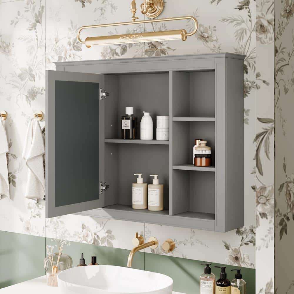Sudzendf 35.03 in. W x 7.32 in. D x 27.50 in. H Bathroom Storage Wall Cabinet, Medicine Cabinet in Gray with Mirror (3)