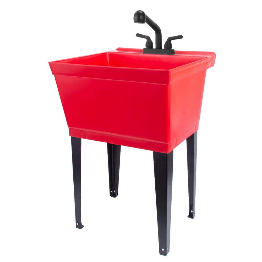 TEHILA 22.875 in. x 23.5 in. Thermoplastic Freestanding Red Utility Sink Set with Non-Metallic Black Finish Pull-Out Faucet