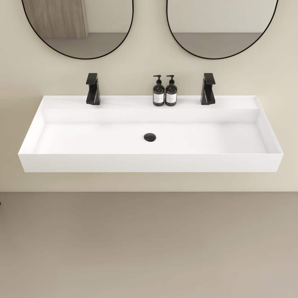 HOPROME Velin 47 x 19 in. Solid Surface Wall Mount or Countertop Bathroom Vessel Sink with Double Faucet Holes in Matte White (2)