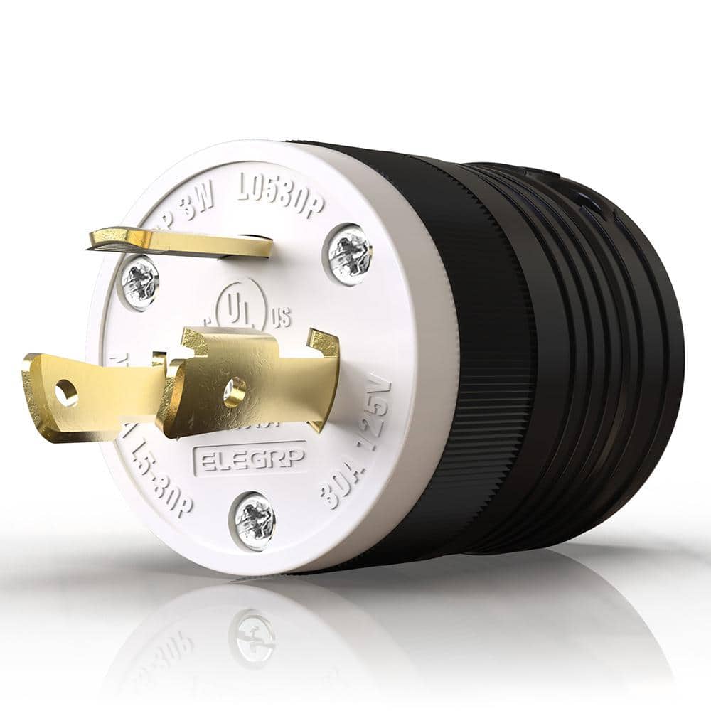 ELEGRP 30 Amp 125-Volt NEMA L5-30P Locking Plug, Industrial Grade Grounding Heavy-Duty, Black/White (1)
