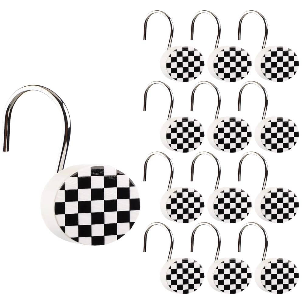 Unbranded Rustic Checkered Black and White Resin Metal Round Decorative Shower Curtain Hooks Rings Bathroom Set 12