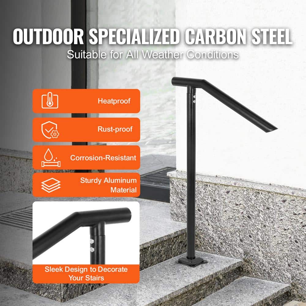 VEVOR 3 ft. Single Post Handrail Fits 2 to 3 Steps Iron Stair Handrail Floor Mounted Handrails for Outdoor Steps, Black (3)