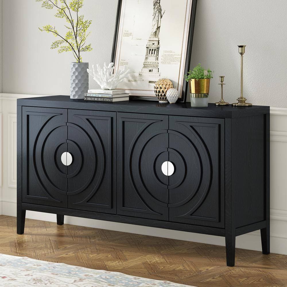 COWLOWN 60.00 in. W x 16.00 in. D x 32.00 in. H Black Linen Cabinet with Circular Groove Design Round Metal Door Handle (3)
