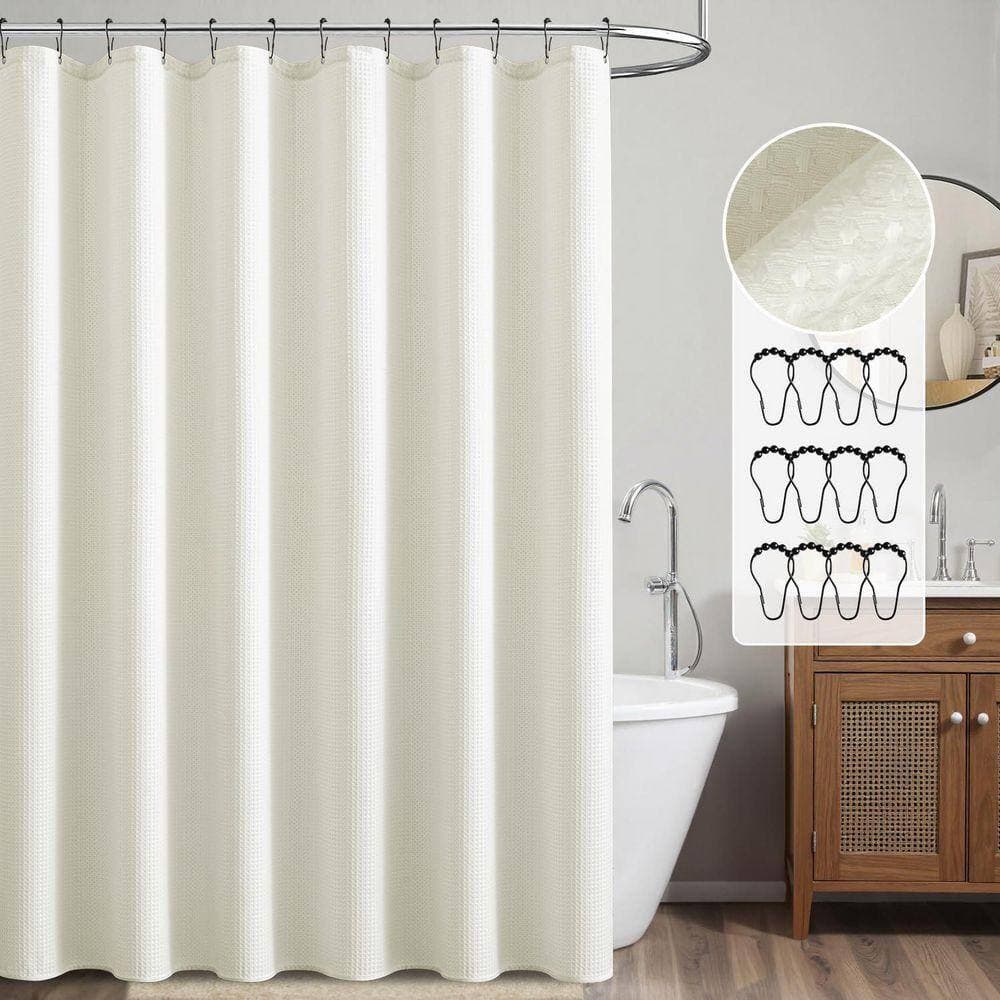 JFVKAF Waffle Weave Fabric Shower Curtain with Metal Hooks Heavy Duty Washable Waterproof Thick Cloth in Ivory [72 x 72] (3)