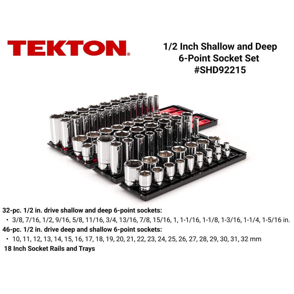 TEKTON 1/2 in. Drive 6-Point Socket Set with Rails, (78-Piece) (3/8 in. to 1-5/16 in. 10 mm to 32 mm) (2)