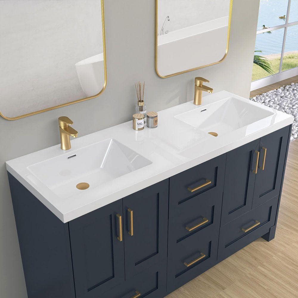 NTQ 60 in. W x 22 in. D Solid Surface Resin White Rectangular Vanity Top Double Sink Bathroom Vanity Top in Glossy White (2)