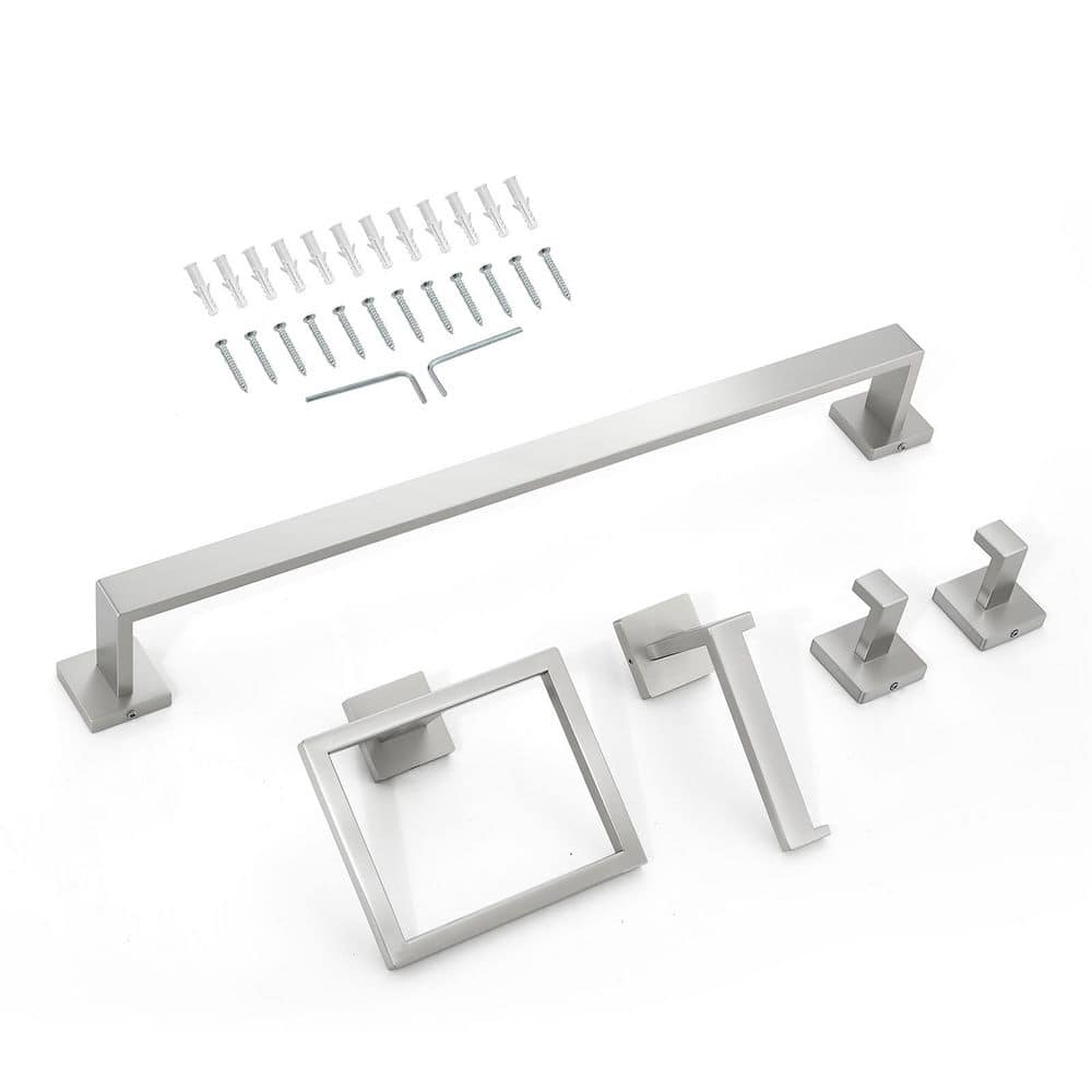 SKYSHALO Brushed Nickel Bathroom Hardware Set, 5-Pieces, 24 in. Towel Bar, Towel Rack, 2-Hooks, Toilet Paper Holder, Wall Mounted (1)