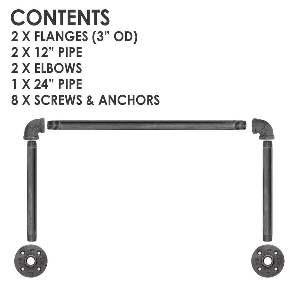 PIPE DECOR 1/2 in. x 2 ft. L Black Pipe Wall Mounted Clothing Rack Kit (2)