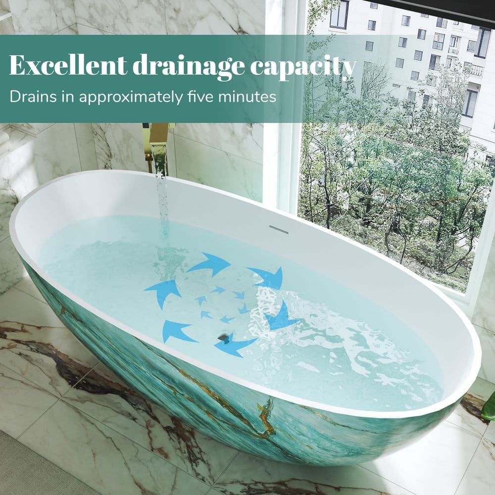 CASAINC 64.8 in. x 29.5 in. Freestanding Solid Surface Soaking Bathtub in Matte White and Green With Textured Finish (3)