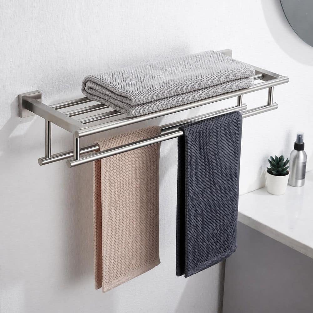 Unbranded 1-Pack Brushed Nickel SUS304 Stainless Steel 23.4 in. Wall-Mounted Double Bathroom Towel Bar Rack Shelf (2)