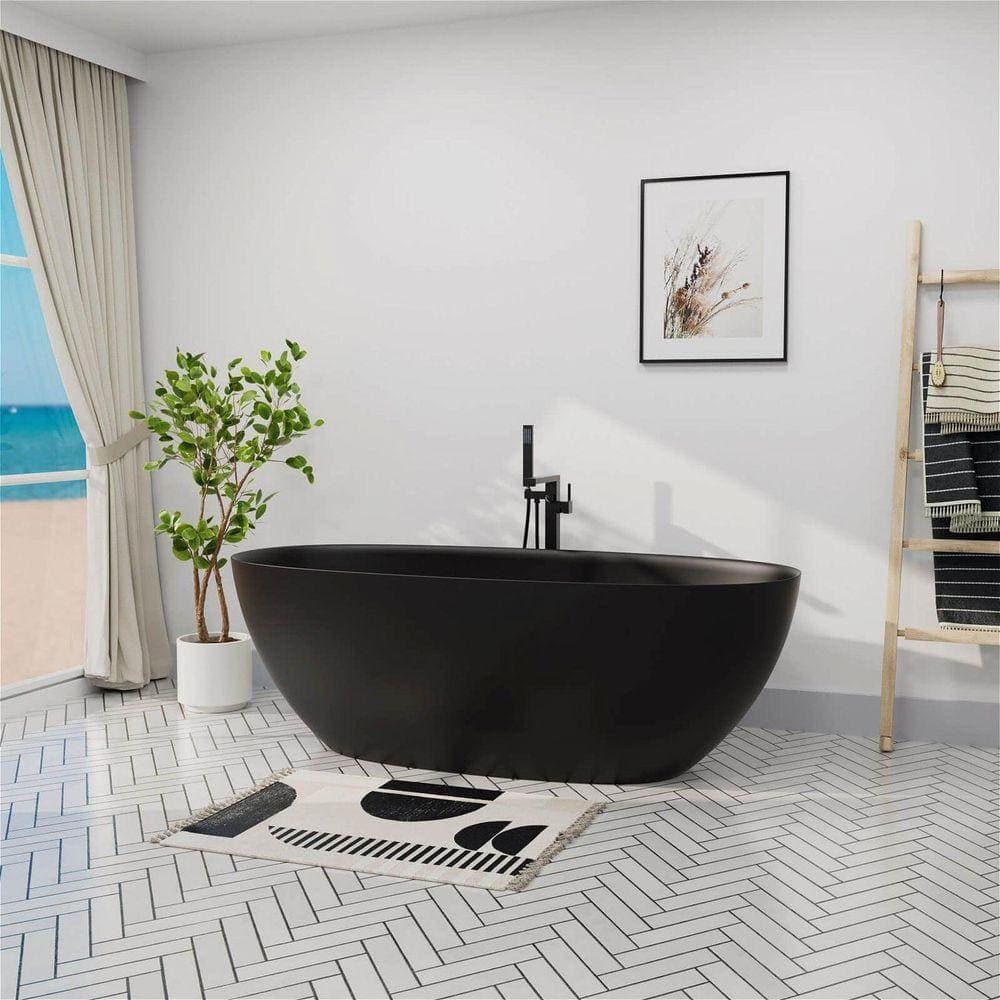MYCASS 29.53 in. Solid Surface Stone Freestanding Double Slipper Soaking Bathtub with Right Drain (2)
