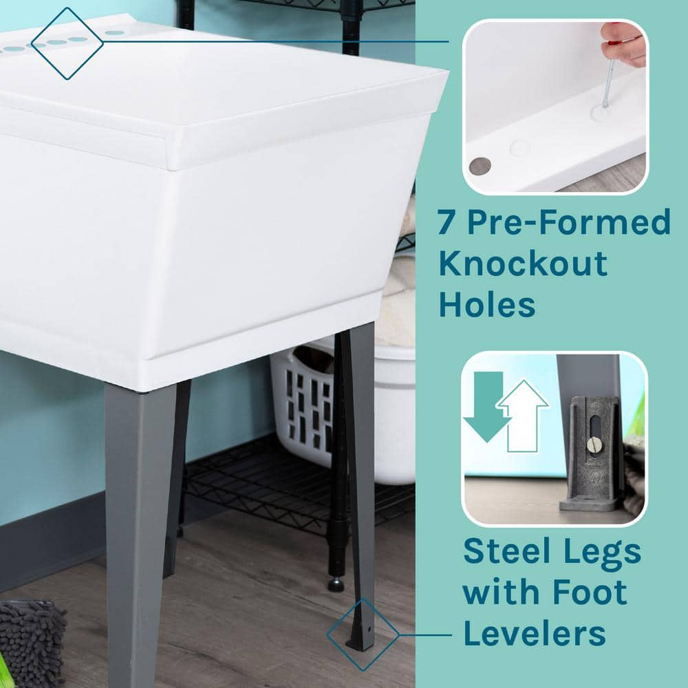 TEHILA Complete 22.875 in. x 23.5 in. White 19 Gal. Utility Sink Set with Non-Metallic Stainless Steel Finish Pull-Out Faucet (3)