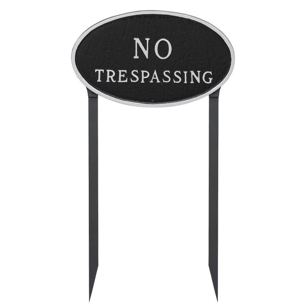 Montague Metal Products 10 in. x 18 in. Large Oval No Trespassing Statement Plaque Sign with 23 in. Lawn Stakes, Black with Silver Lettering (2)