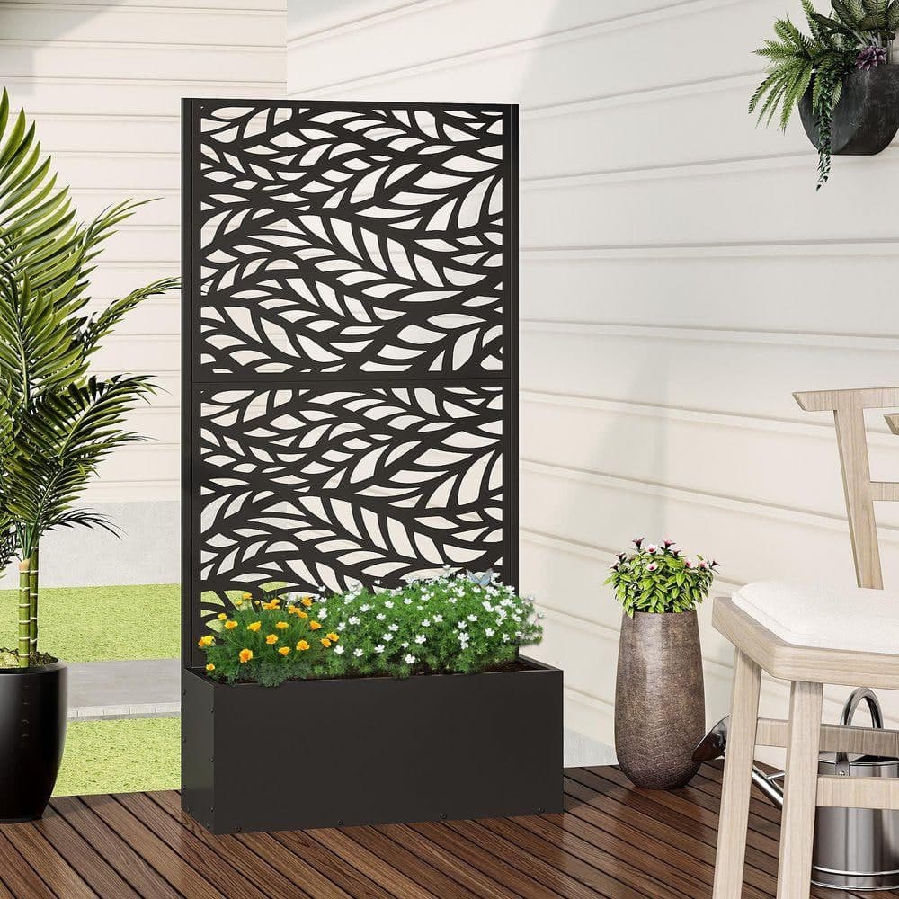 Lirago 59 in. H x 30 in. W Rectanglar Black Outdoor Metal Privacy Screen Planter Box Wall Decor (3)