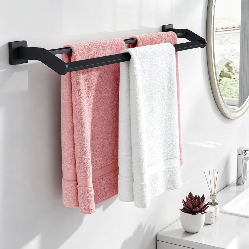 Unbranded Double Towel Bar 32 in. Matte Black Stainless Steel Heavy-Duty Wall-Mounted Bath Towel Rack Holder Rod (2)